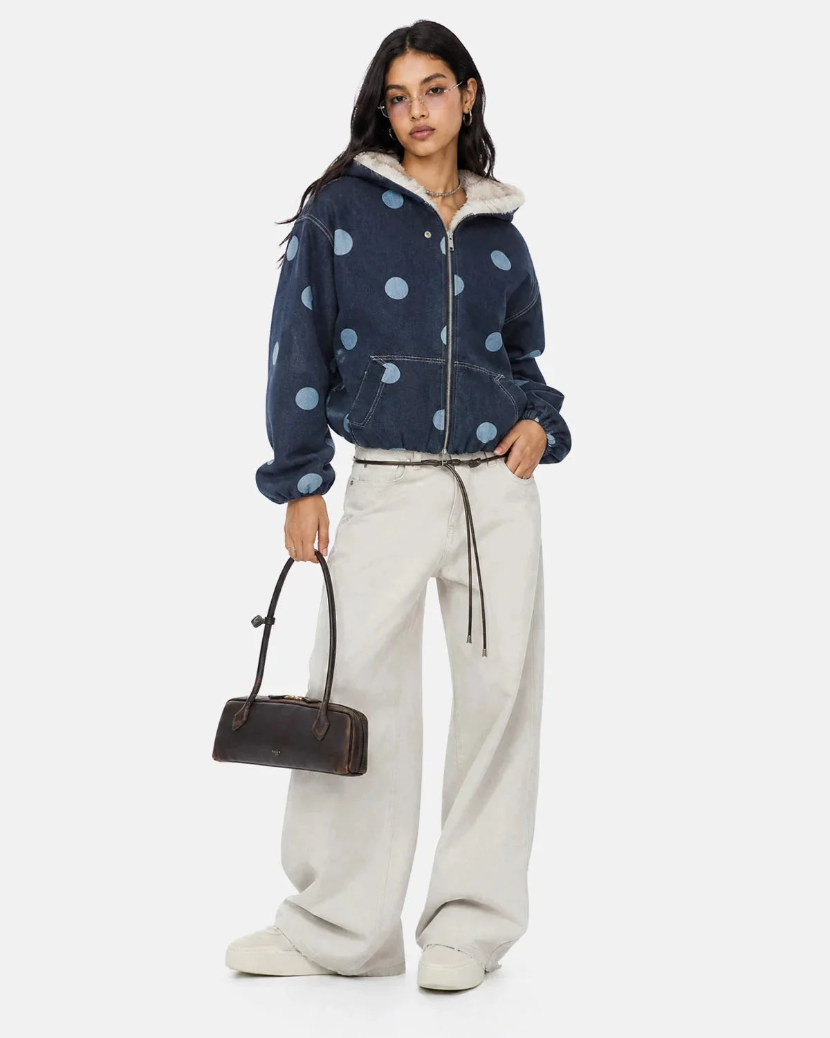 Omygoods Polka Dot Faux Fur Denim Jacket