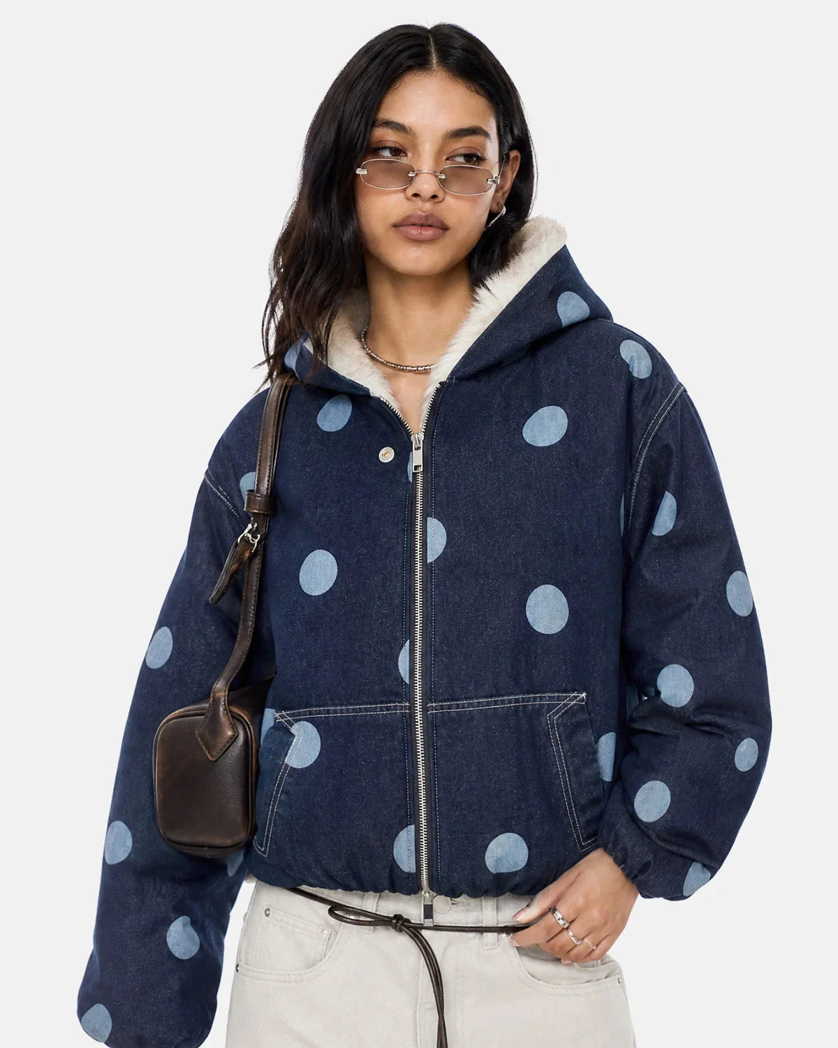 Omygoods Polka Dot Faux Fur Denim Jacket