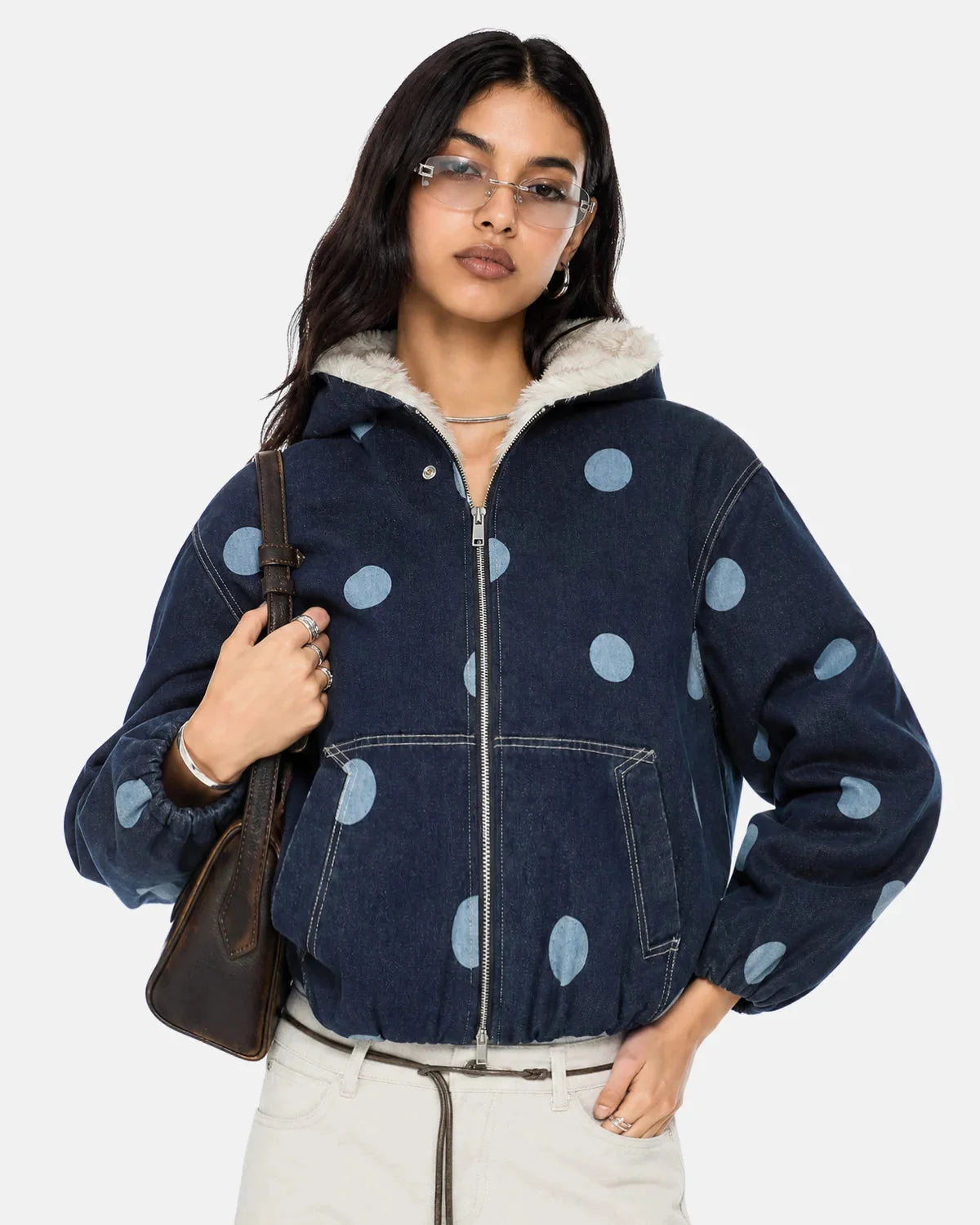 Omygoods Polka Dot Faux Fur Denim Jacket