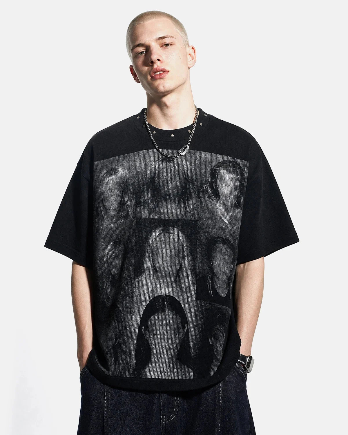 Omygoods Portrait Graphic Waffle Boxy T-Shirt