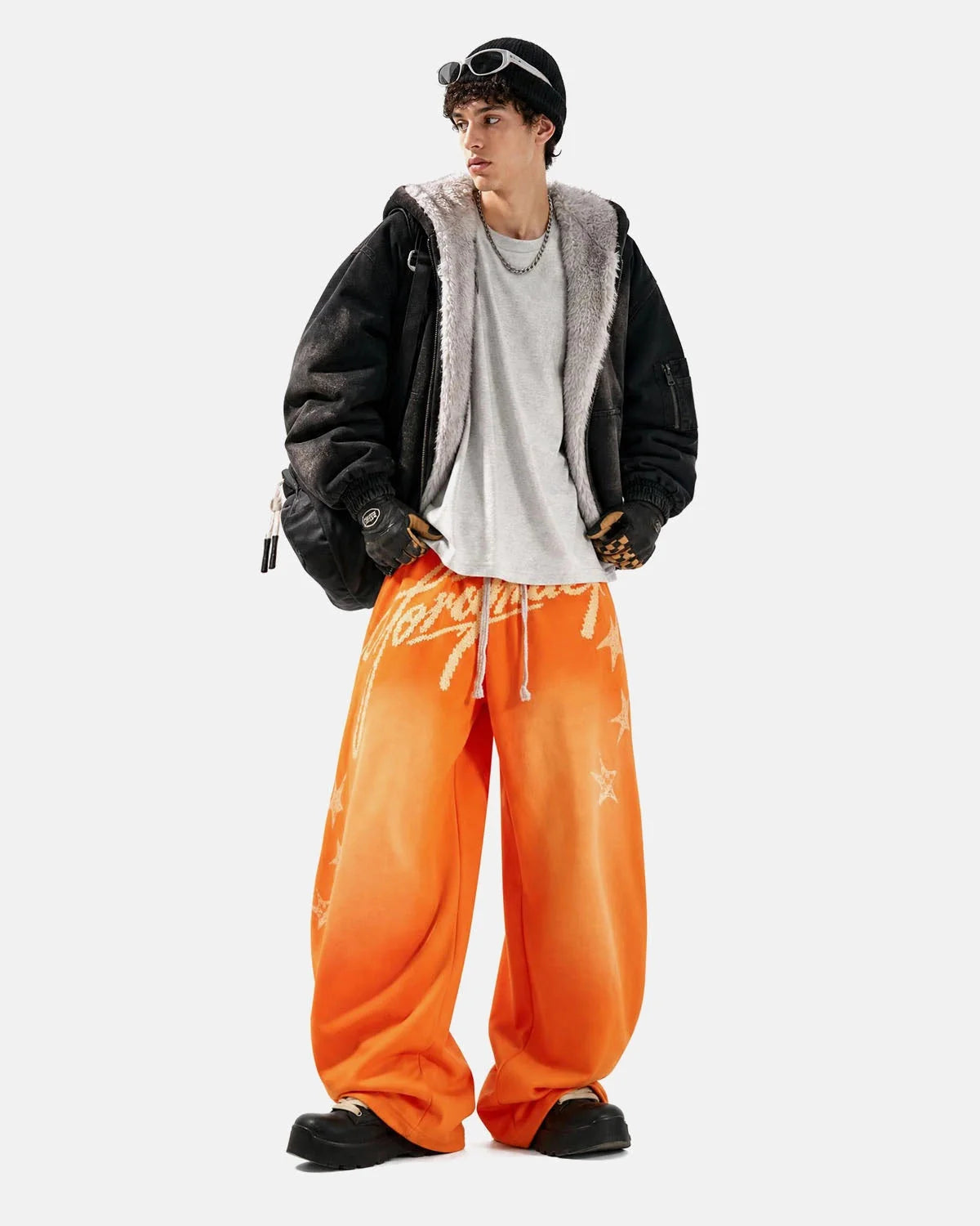 Omygoods Puff Print Script Wide-Leg Sweatpants