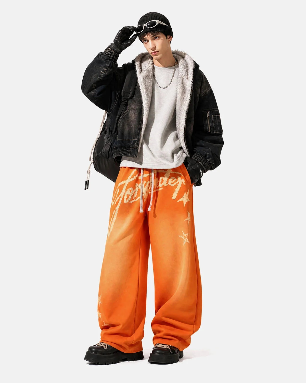 Omygoods Puff Print Script Wide-Leg Sweatpants