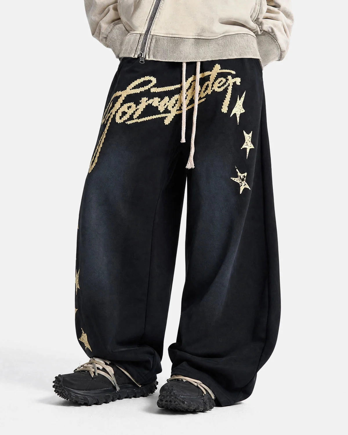 Omygoods Puff Print Script Wide-Leg Sweatpants