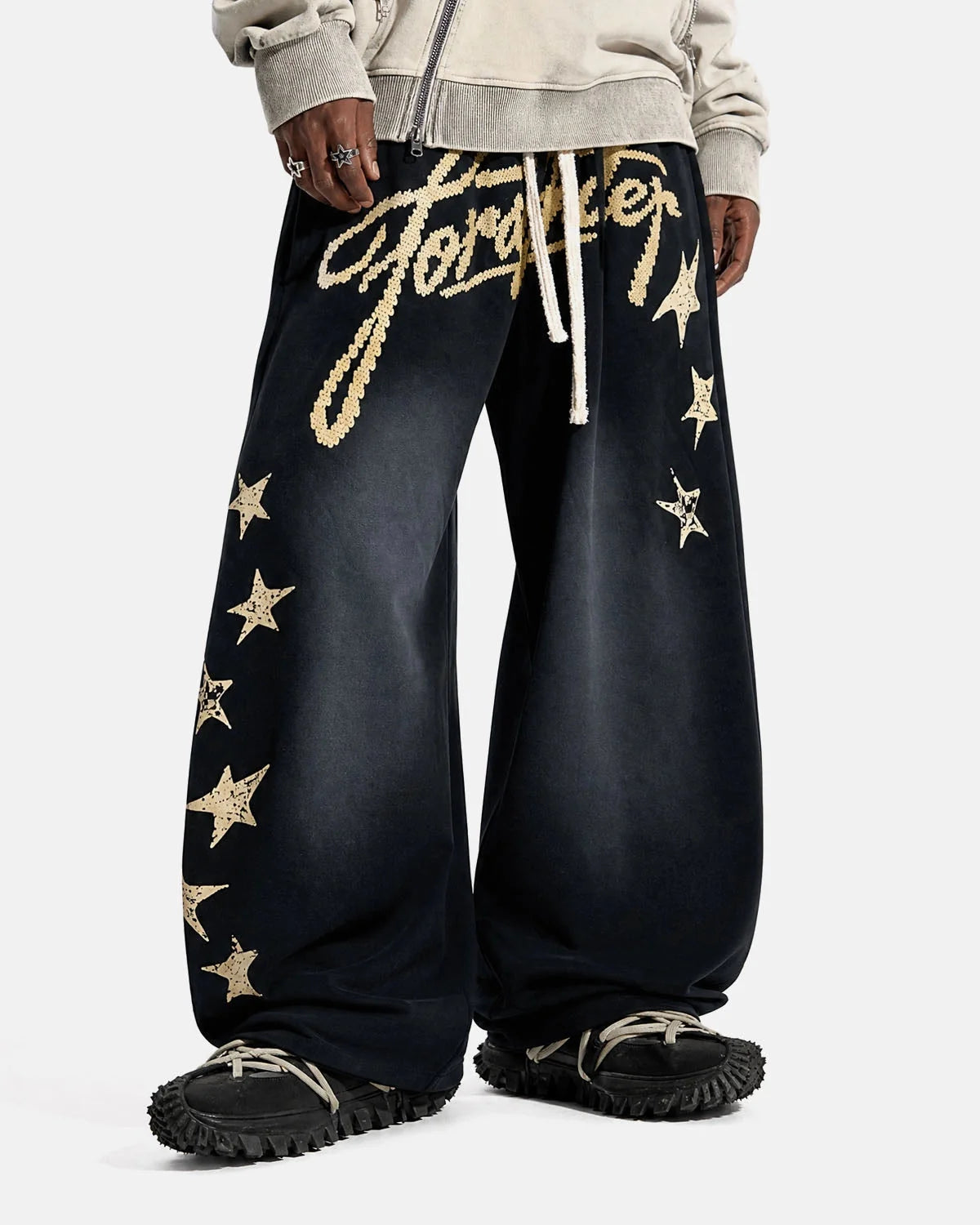Omygoods Puff Print Script Wide-Leg Sweatpants