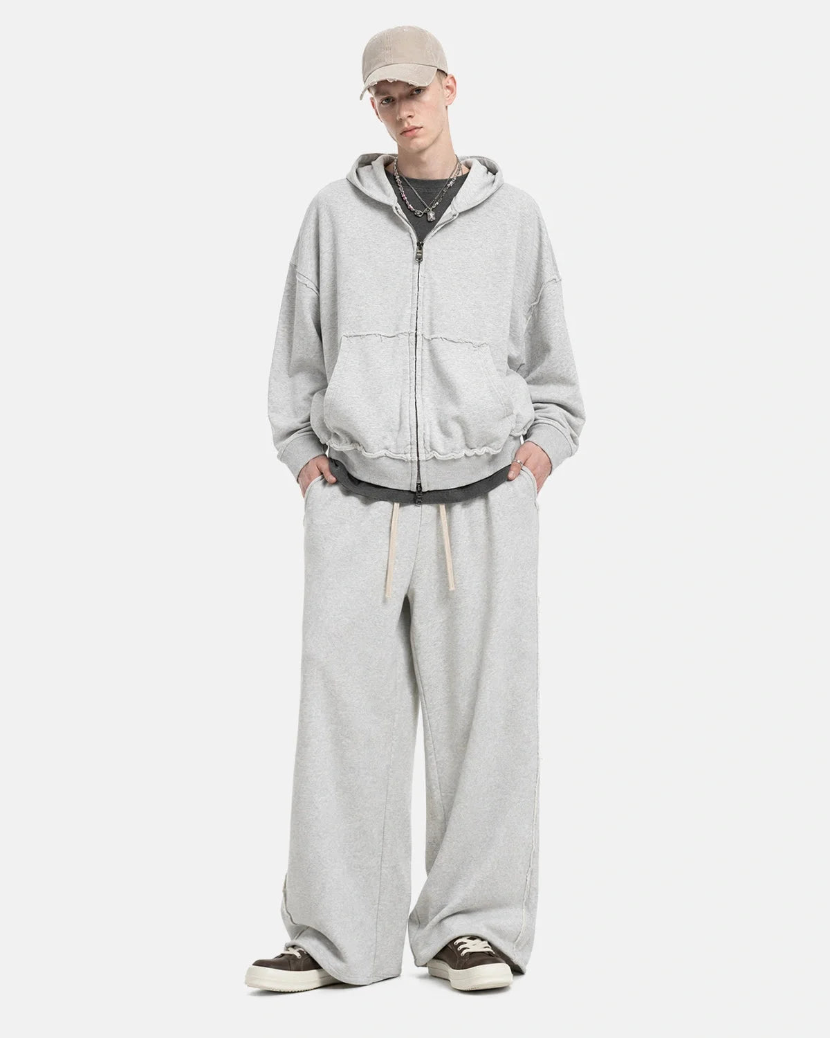 Omygoods Raw Seam Boxy Zip Up Hoodie
