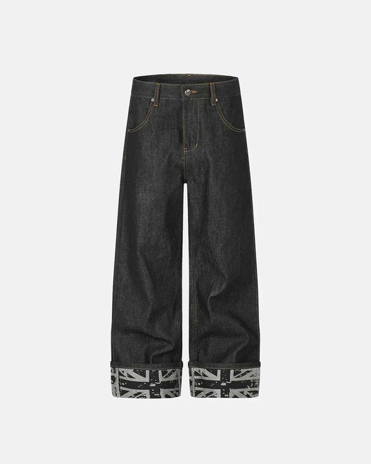 Omygoods Raw Graphic Cuff Baggy Jeans