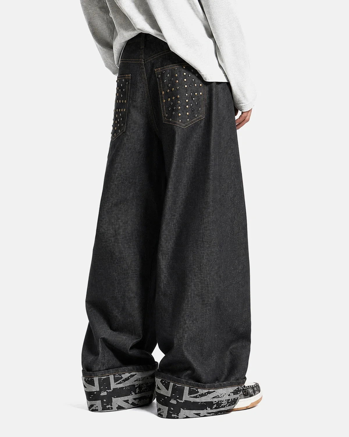 Omygoods Raw Graphic Cuff Baggy Jeans