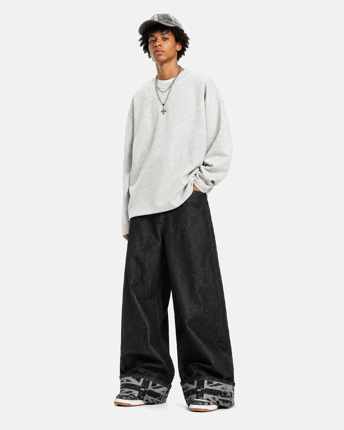 Omygoods Raw Graphic Cuff Baggy Jeans