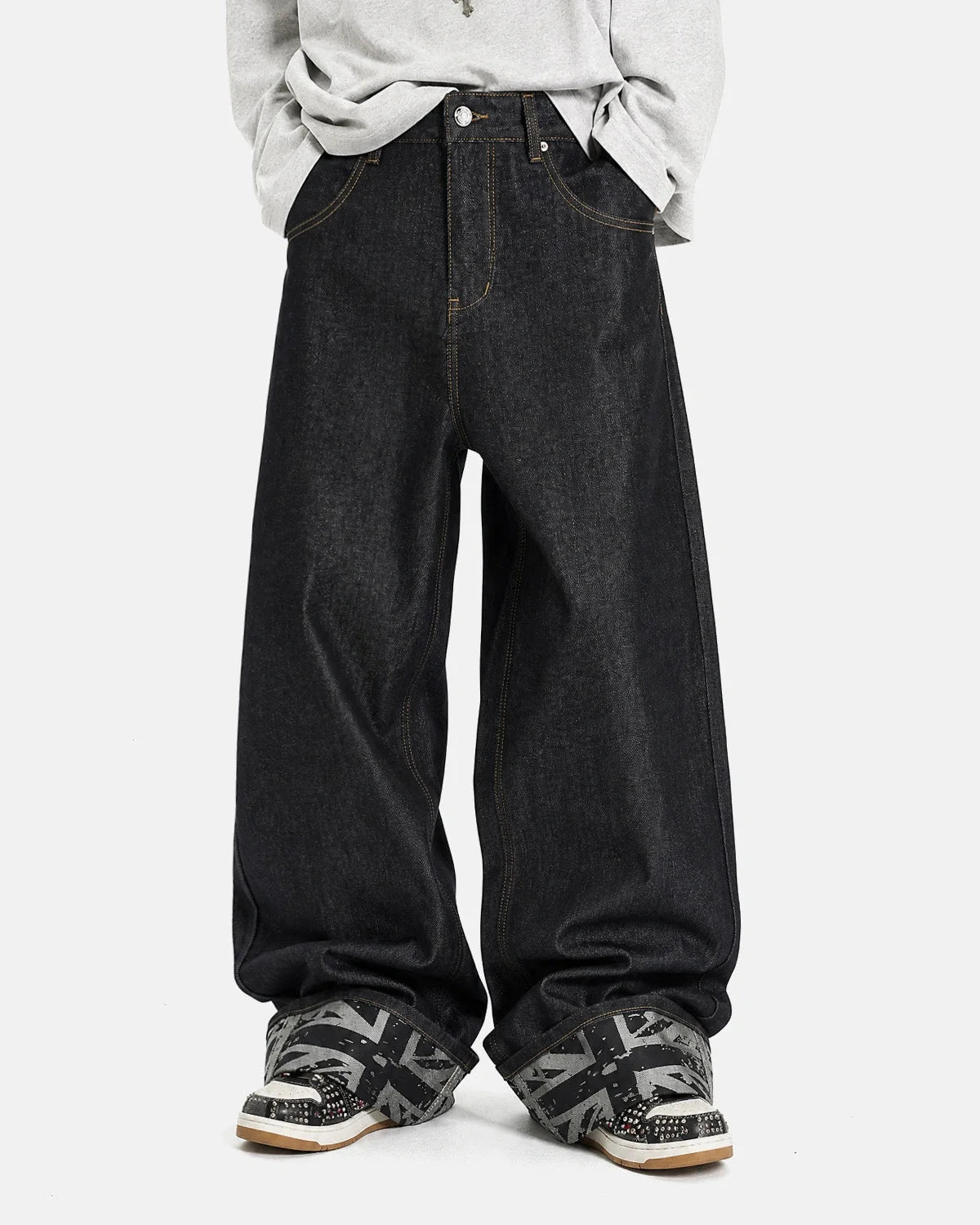 Omygoods Raw Graphic Cuff Baggy Jeans