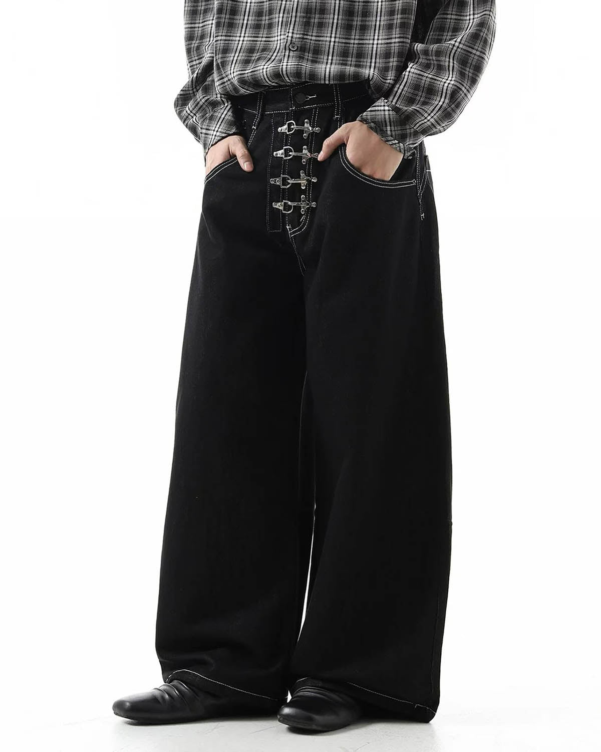 Omygoods Raw Metal Clasp Baggy Jeans