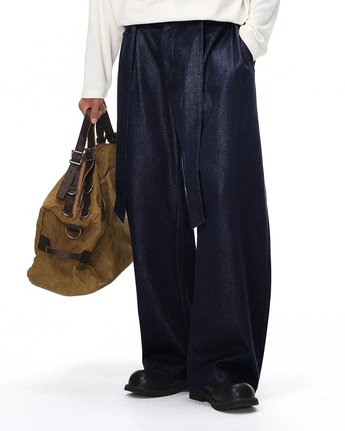 Omygoods Raw Silky Denim Jeans With Belt