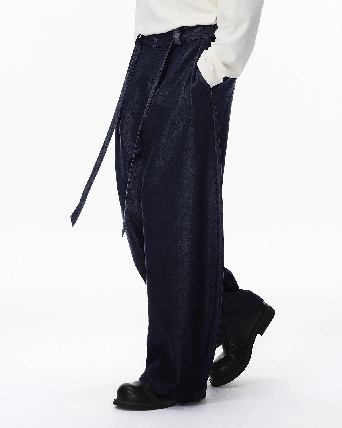 Omygoods Raw Silky Denim Jeans With Belt