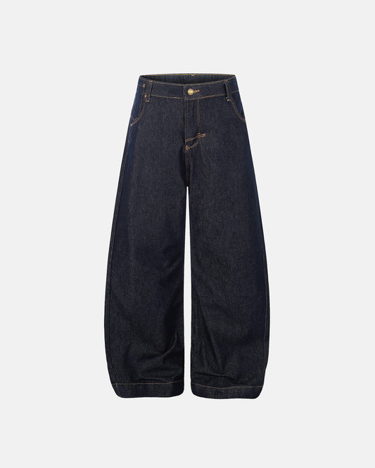 Omygoods Raw Wash Barrel Jeans With Cinch Back