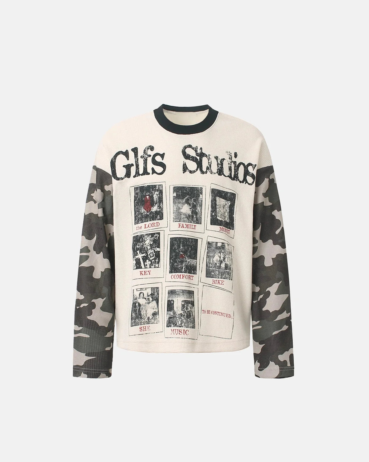 Omygoods Retro Camo Sleeve Graphic Waffle T-Shirt
