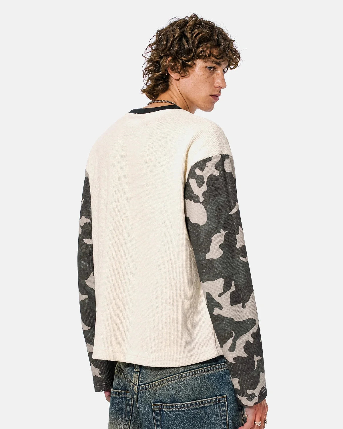 Omygoods Retro Camo Sleeve Graphic Waffle T-Shirt