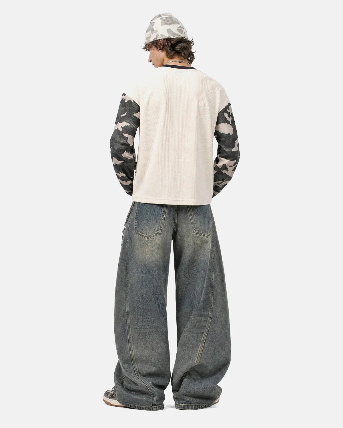 Omygoods Retro Camo Sleeve Graphic Waffle T-Shirt