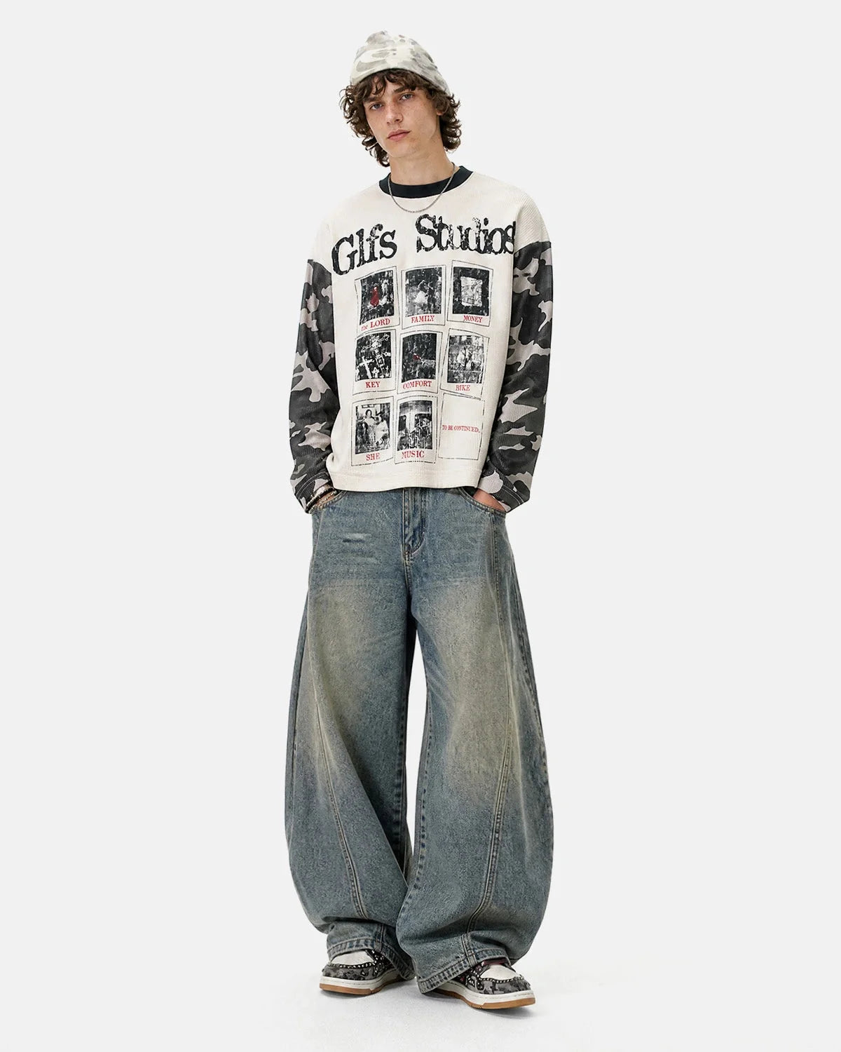 Omygoods Retro Camo Sleeve Graphic Waffle T-Shirt