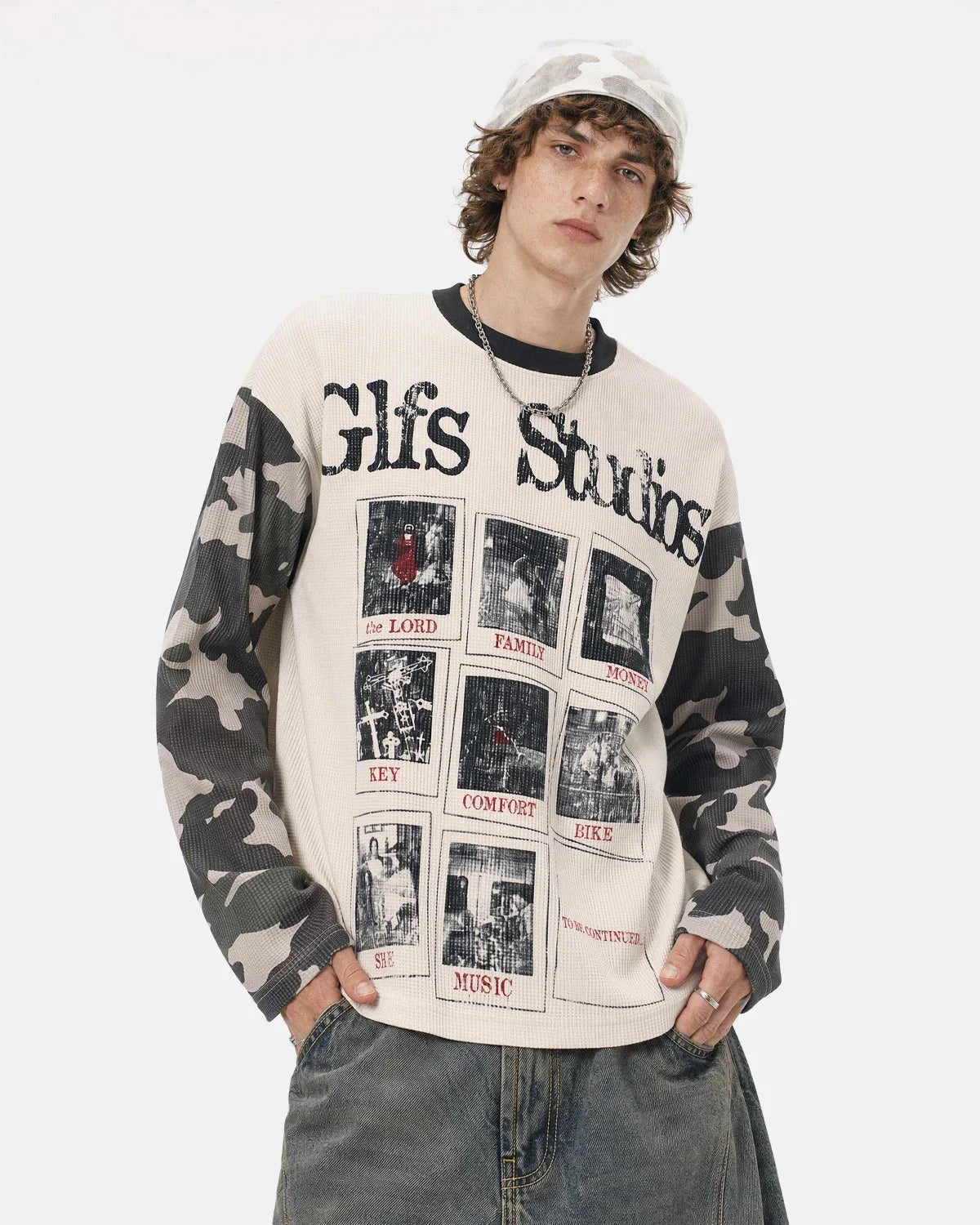 Omygoods Retro Camo Sleeve Graphic Waffle T-Shirt