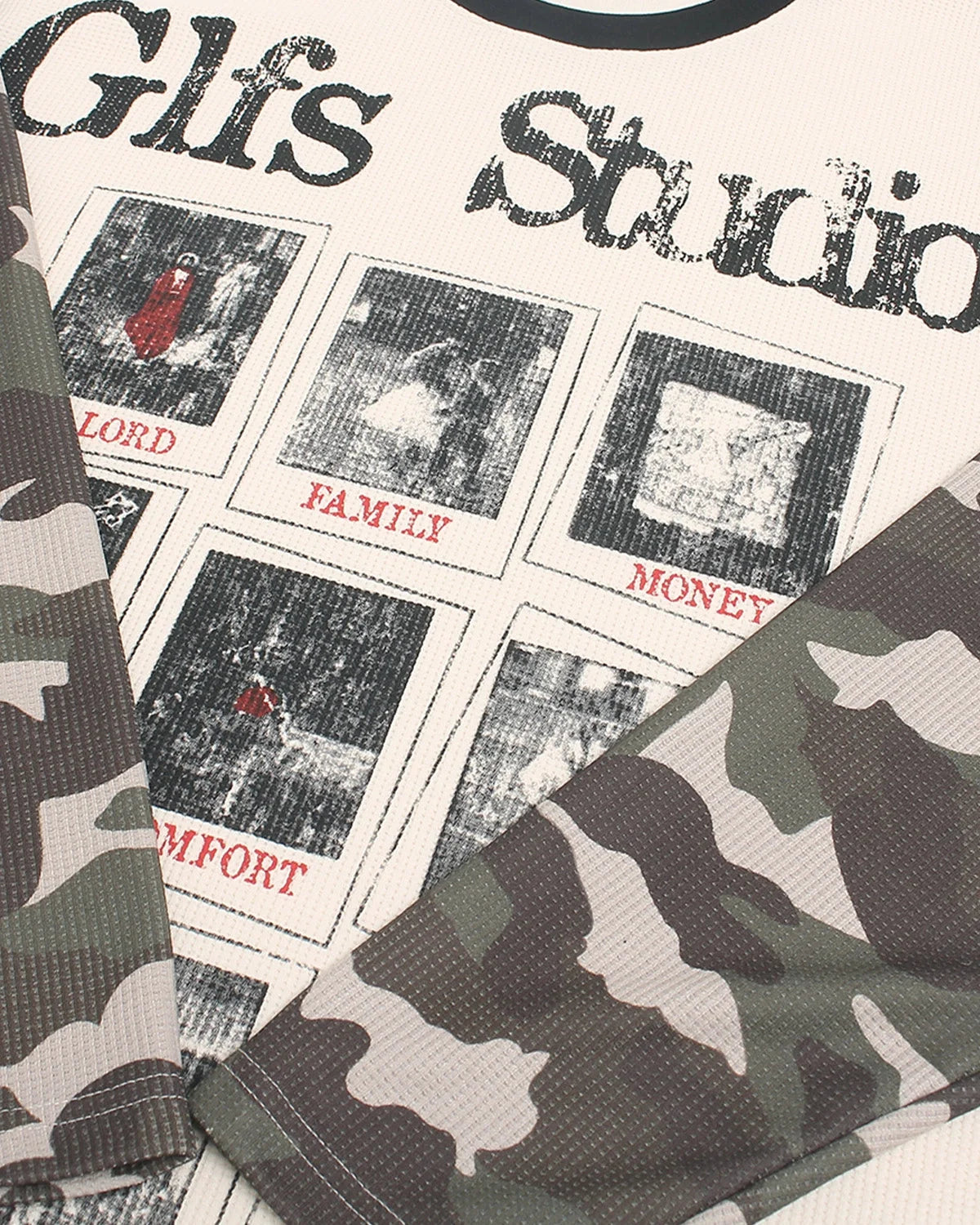 Omygoods Retro Camo Sleeve Graphic Waffle T-Shirt