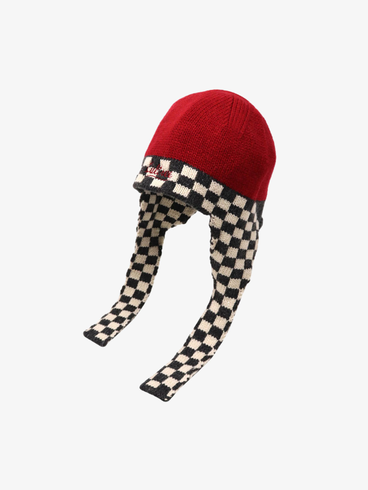 Omygoods Retro Checkerboard Knit Color-Block Earflap Beanie Hat