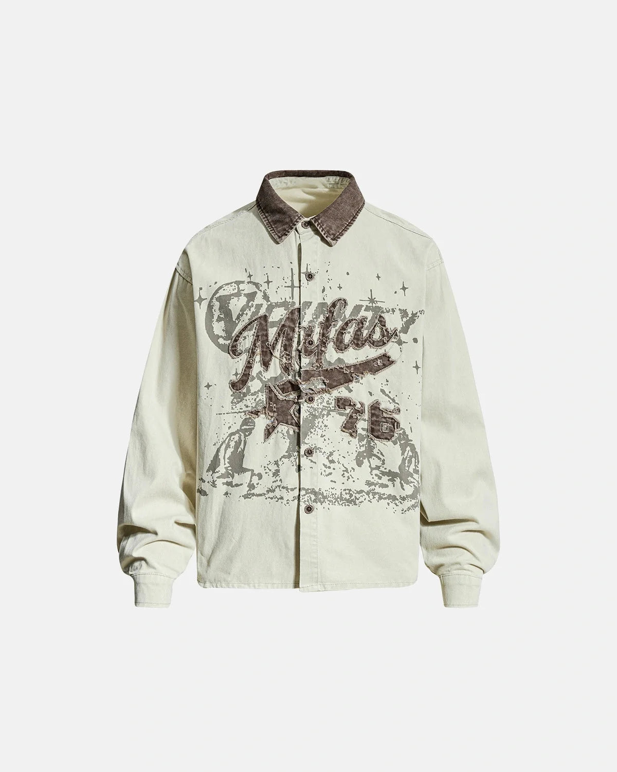Omygoods Retro Distressed Applique Shirt Jacket