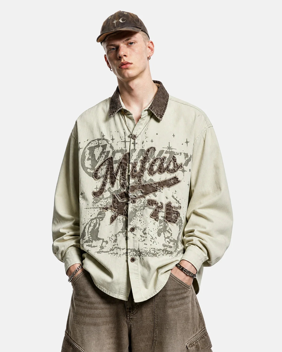 Omygoods Retro Distressed Applique Shirt Jacket
