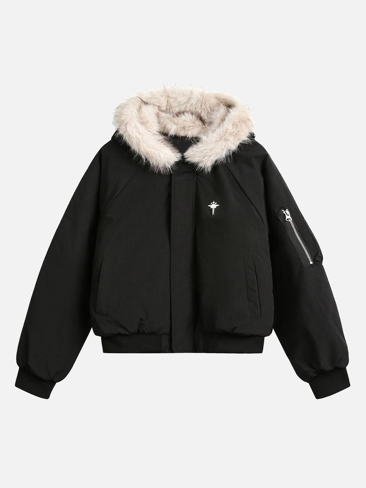 Omygoods Retro Fur Hooded Fleece Bomber Jacket