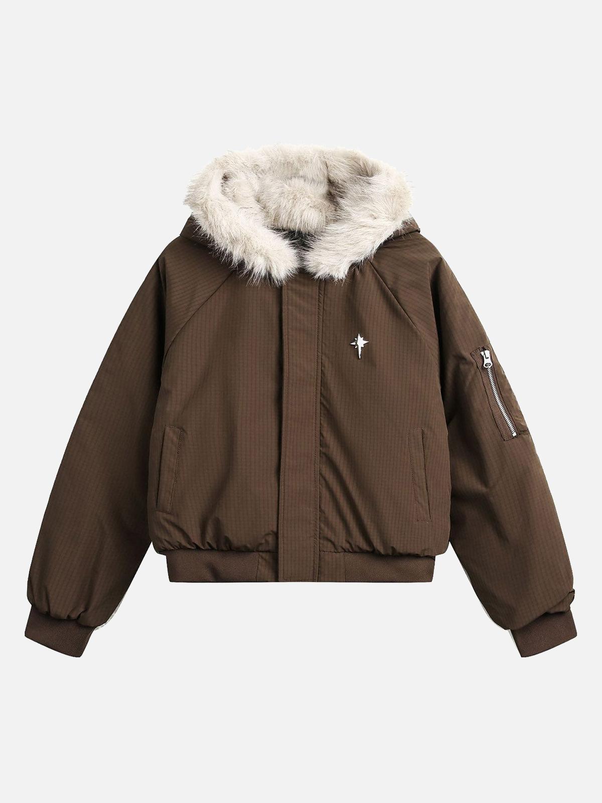 Omygoods Retro Fur Hooded Fleece Bomber Jacket