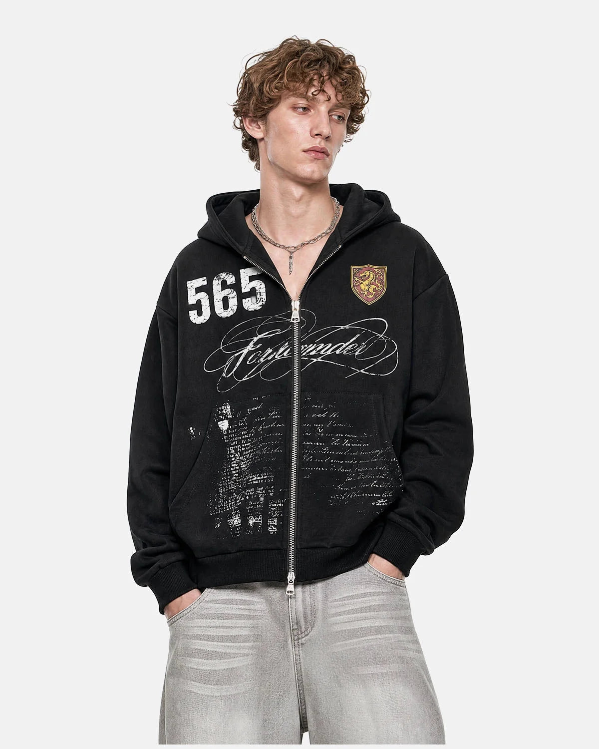 Omygoods Retro Graphic Boxy Zip Up Hoodie