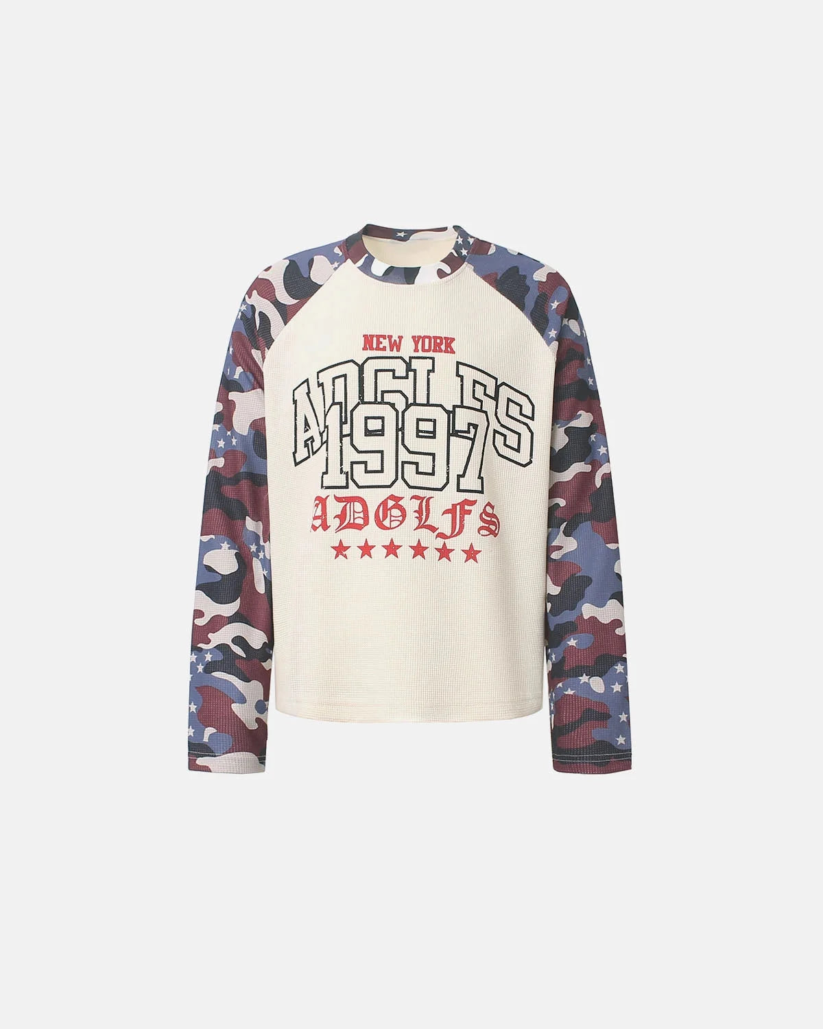 Omygoods Retro Graphic Camo Raglan Waffle T-Shirt