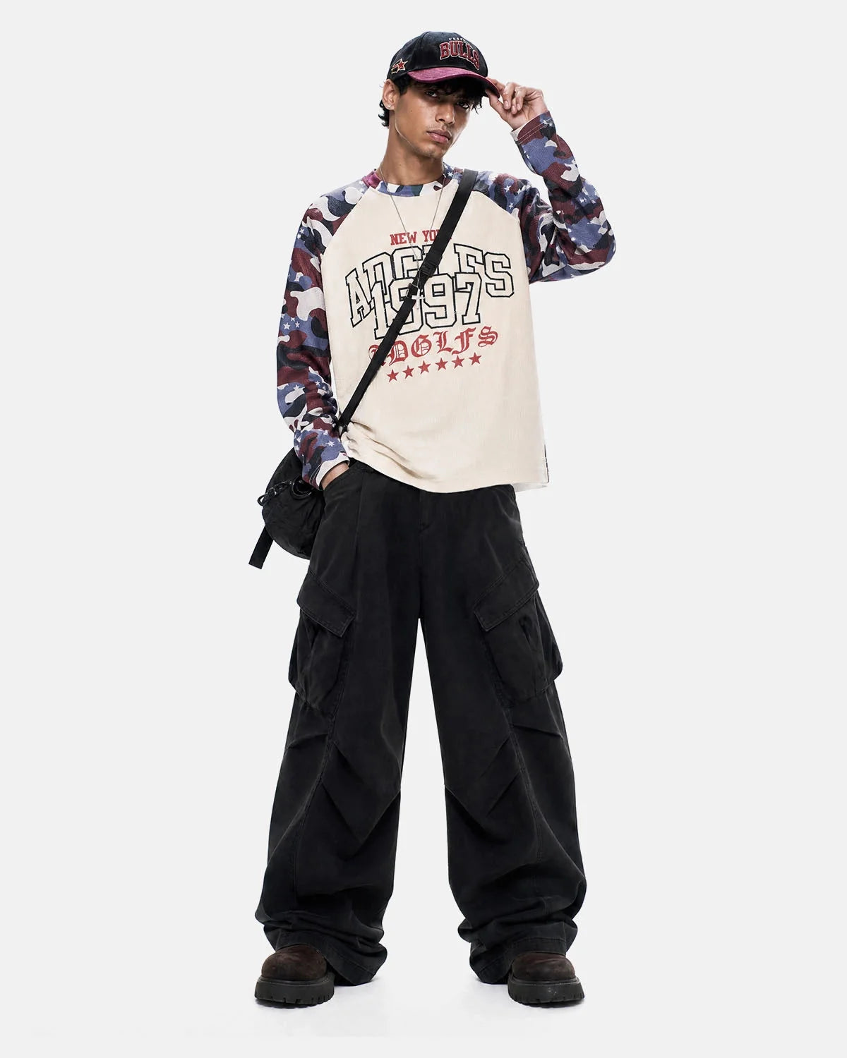 Omygoods Retro Graphic Camo Raglan Waffle T-Shirt