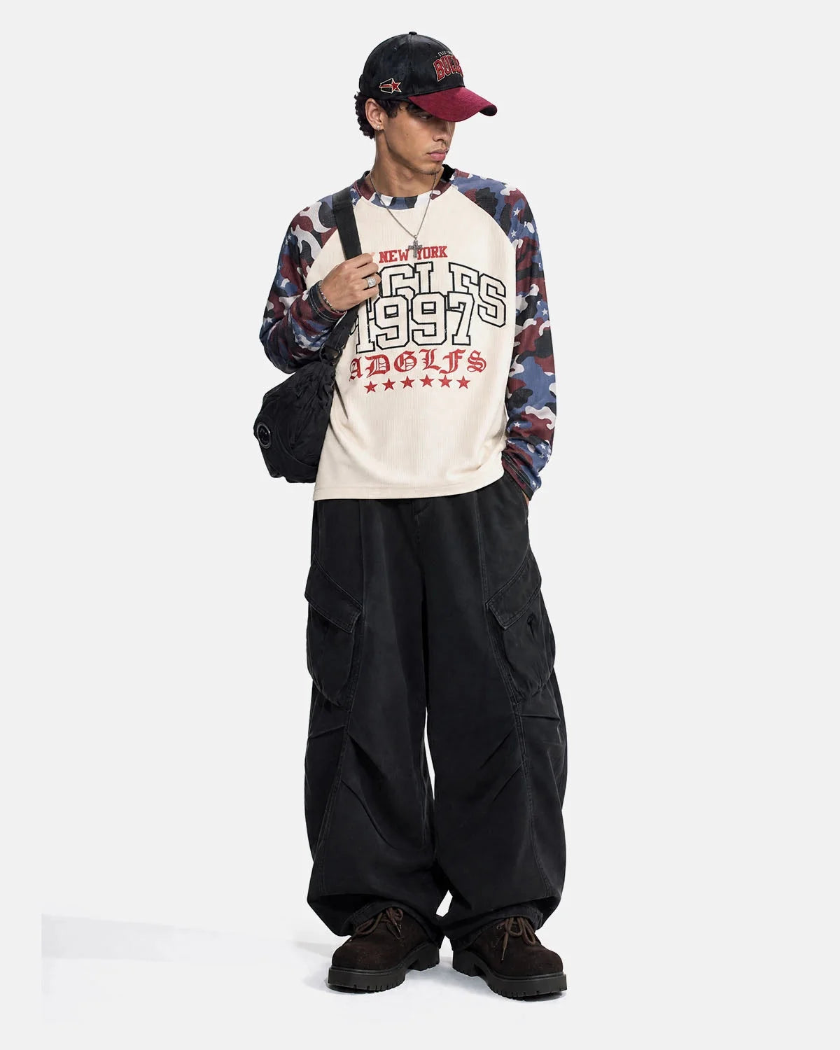 Omygoods Retro Graphic Camo Raglan Waffle T-Shirt