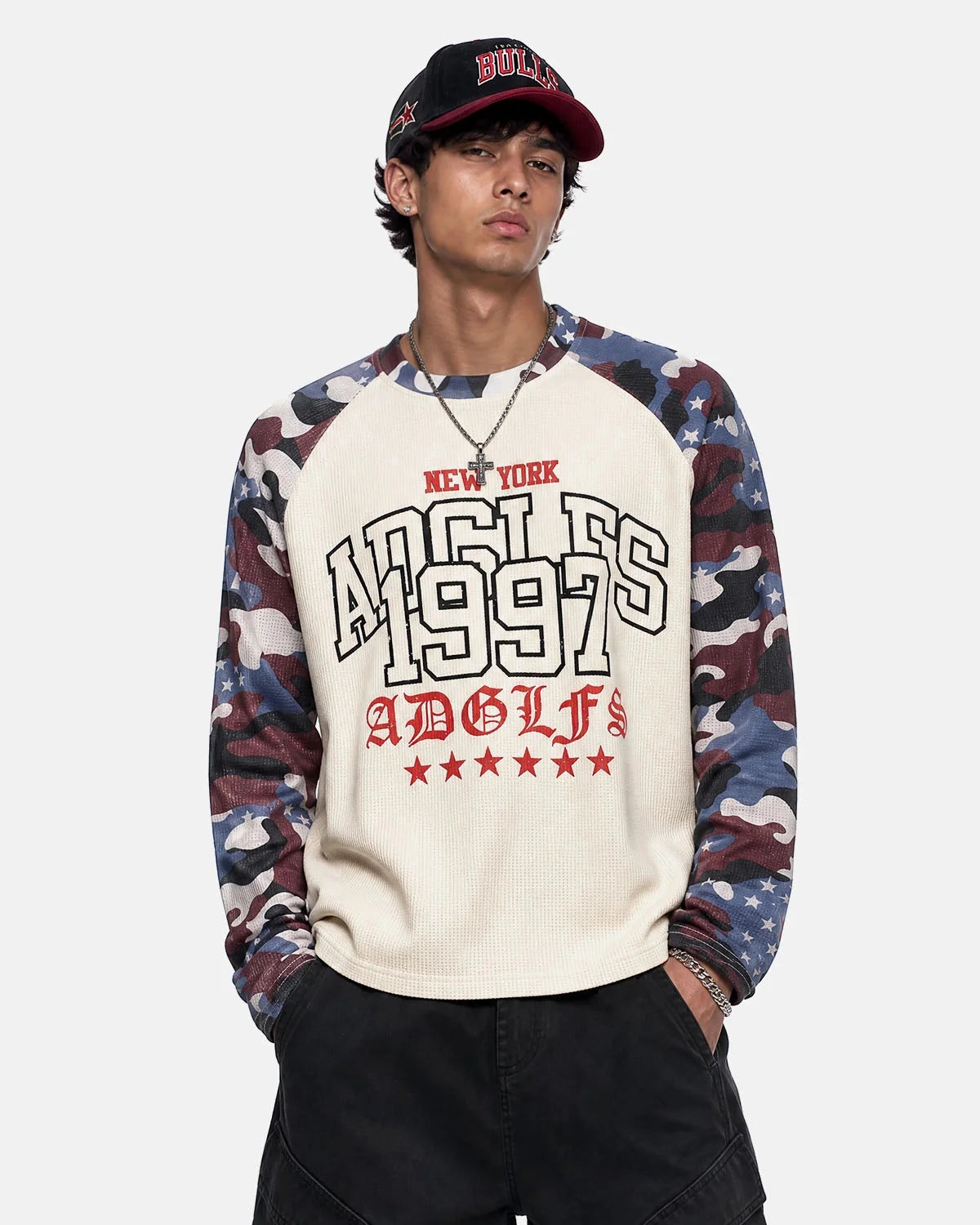 Omygoods Retro Graphic Camo Raglan Waffle T-Shirt