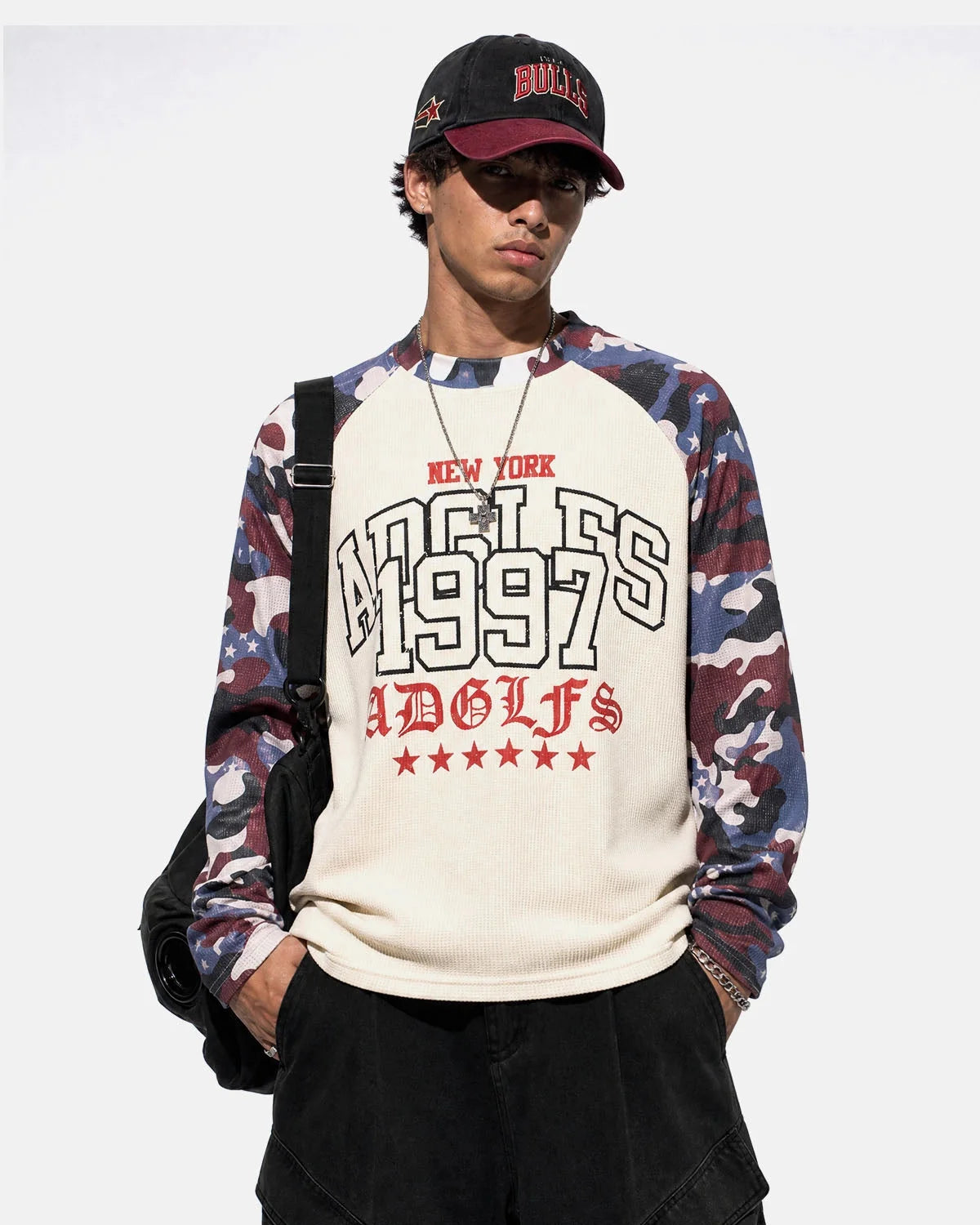 Omygoods Retro Graphic Camo Raglan Waffle T-Shirt