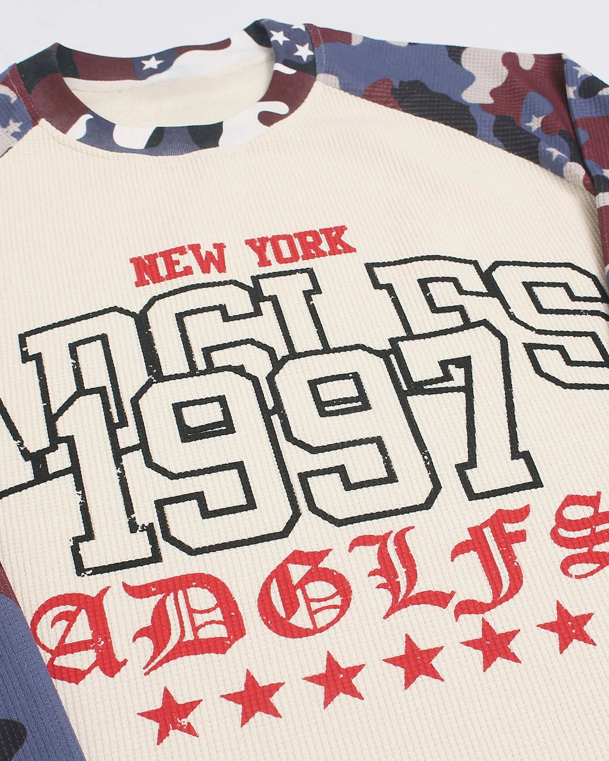 Omygoods Retro Graphic Camo Raglan Waffle T-Shirt