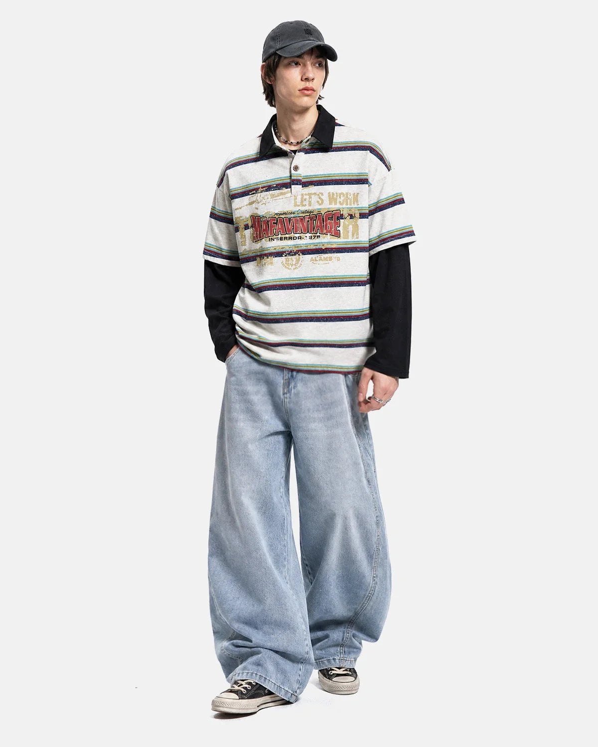 Omygoods Retro Graphic Layered Polo T-Shirt