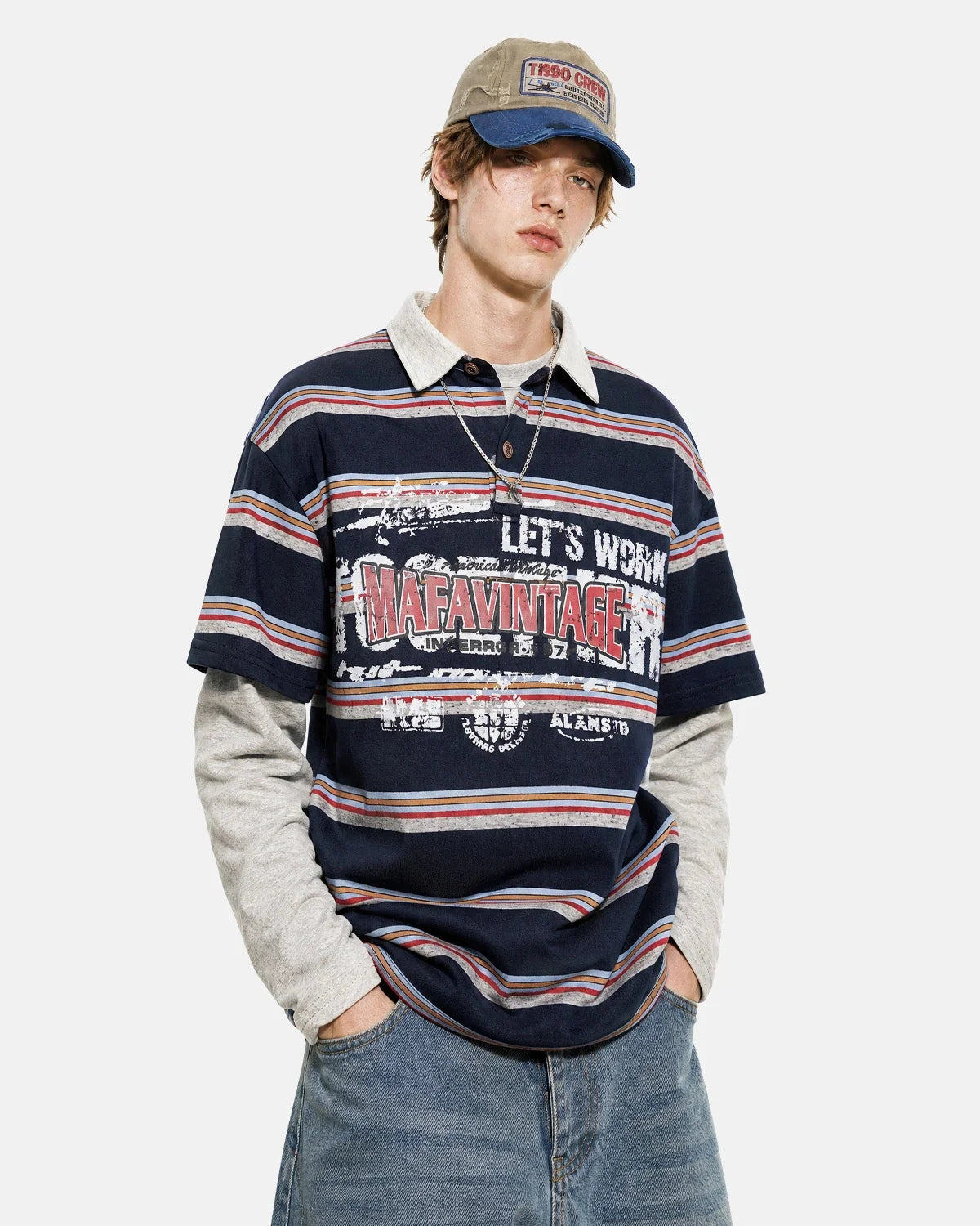 Omygoods Retro Graphic Layered Polo T-Shirt