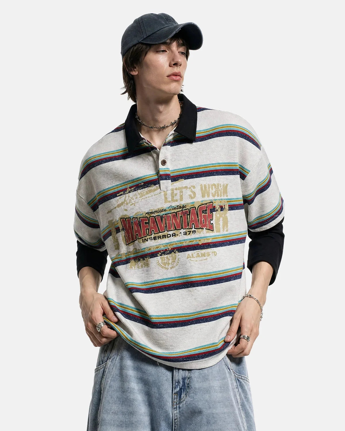 Omygoods Retro Graphic Layered Polo T-Shirt