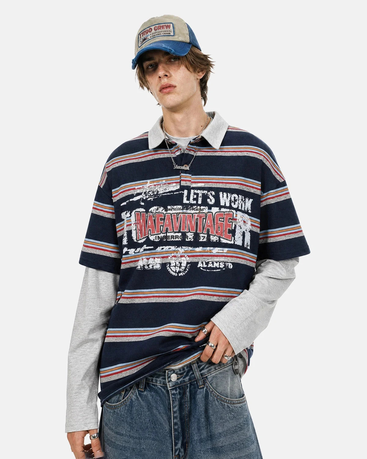 Omygoods Retro Graphic Layered Polo T-Shirt