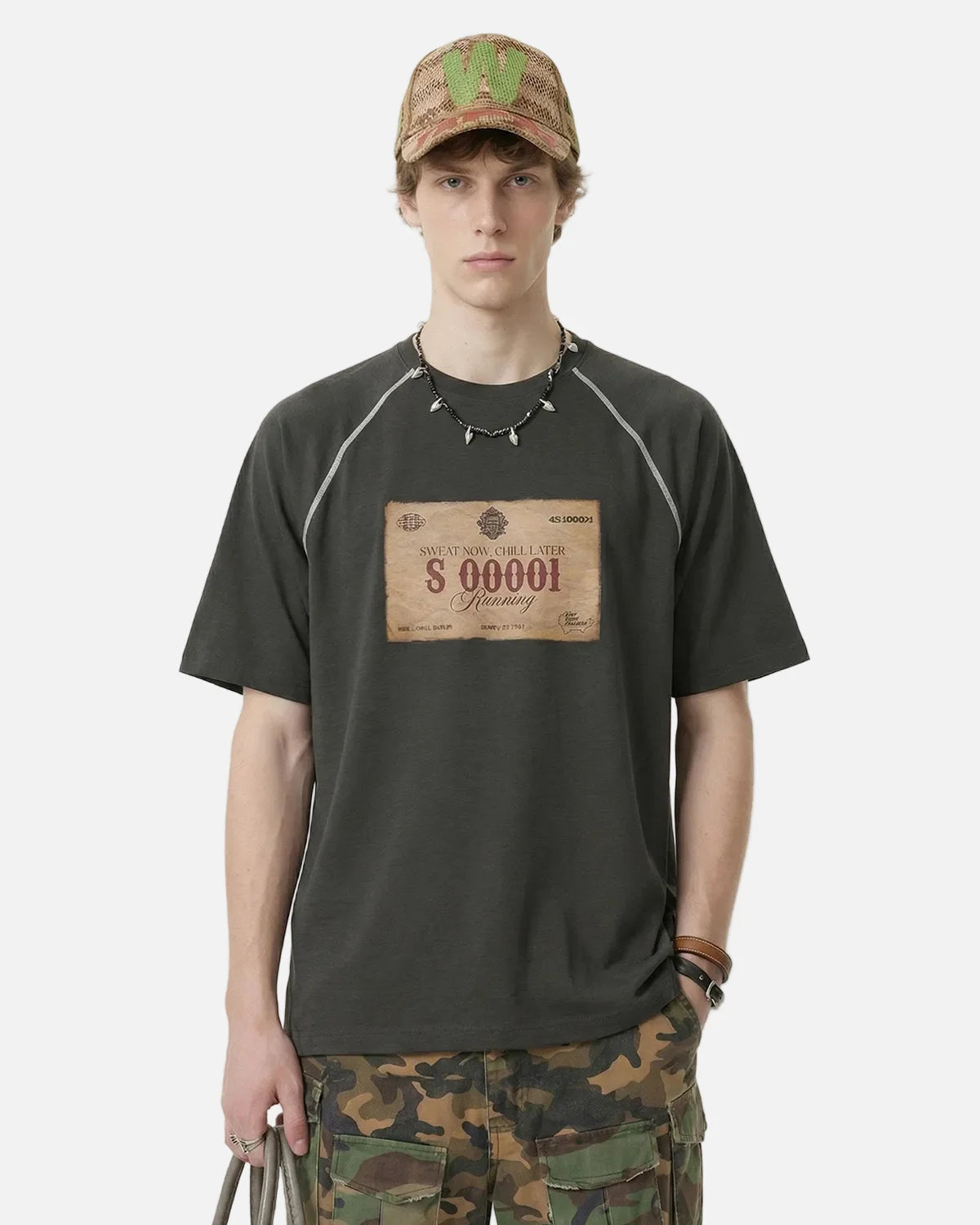 Omygoods Retro Graphic Printing Raglan T-Shirt