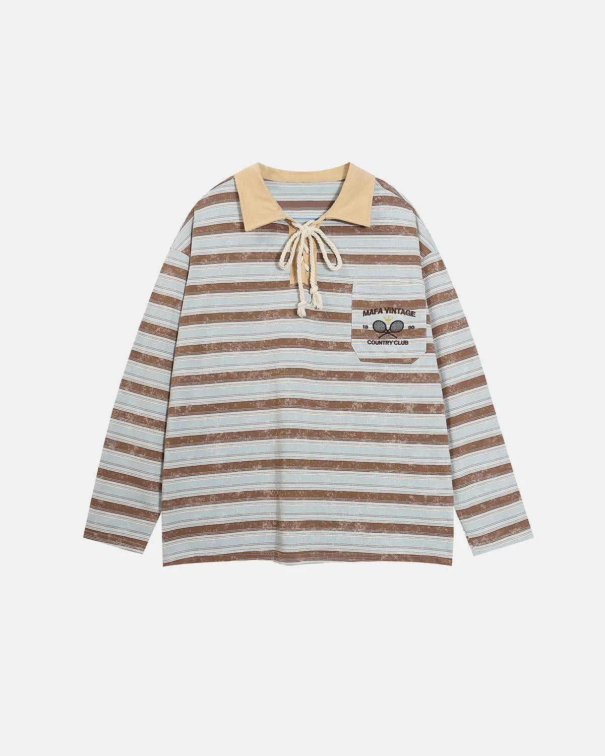 Omygoods Retro Striped Lace-Up Polo Shirt