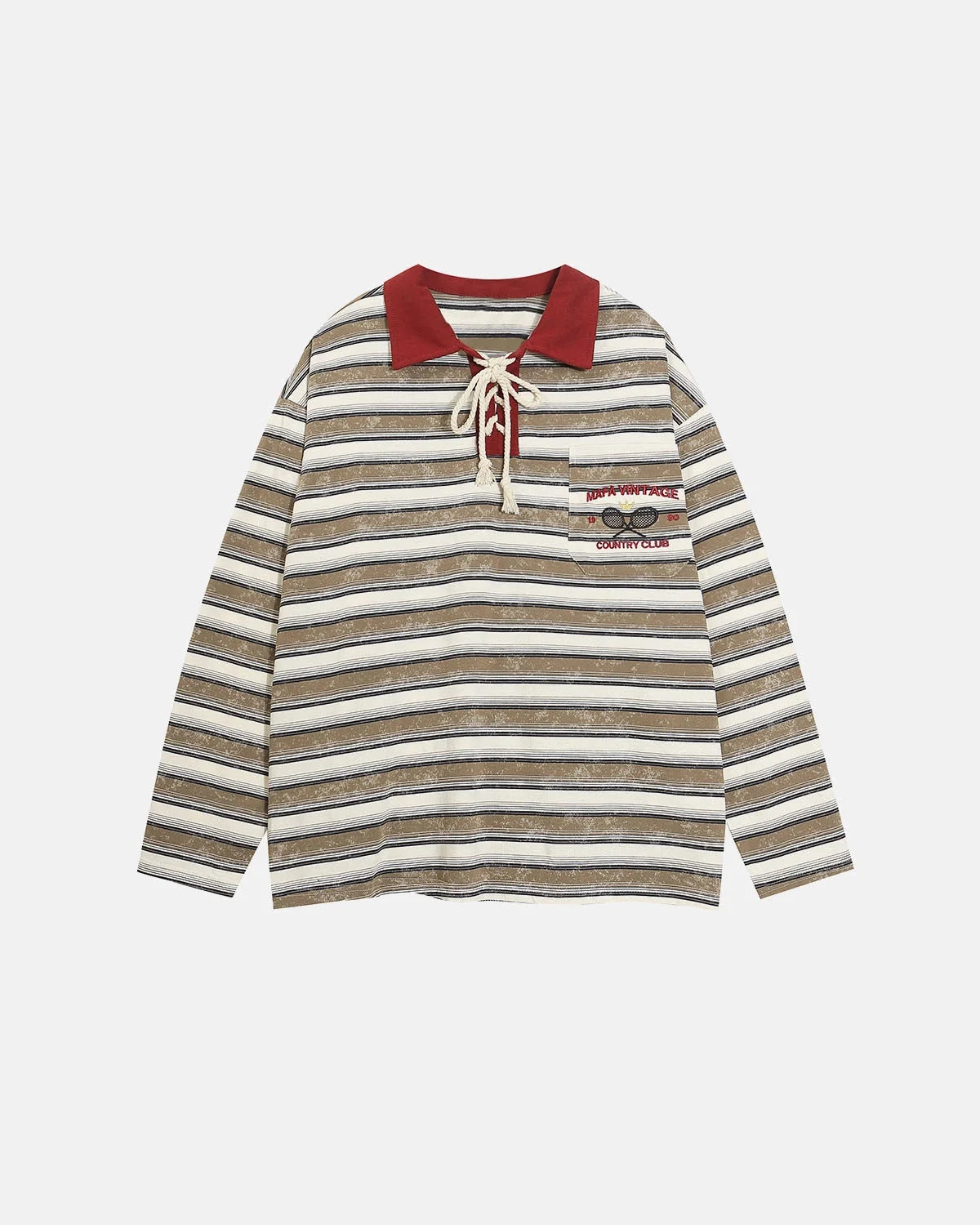 Omygoods Retro Striped Lace-Up Polo Shirt