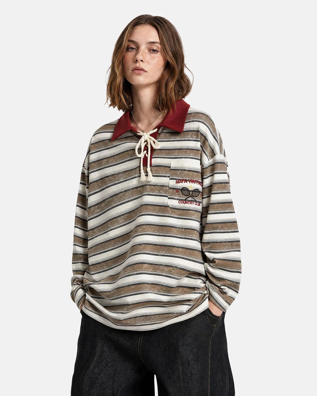 Omygoods Retro Striped Lace-Up Polo Shirt