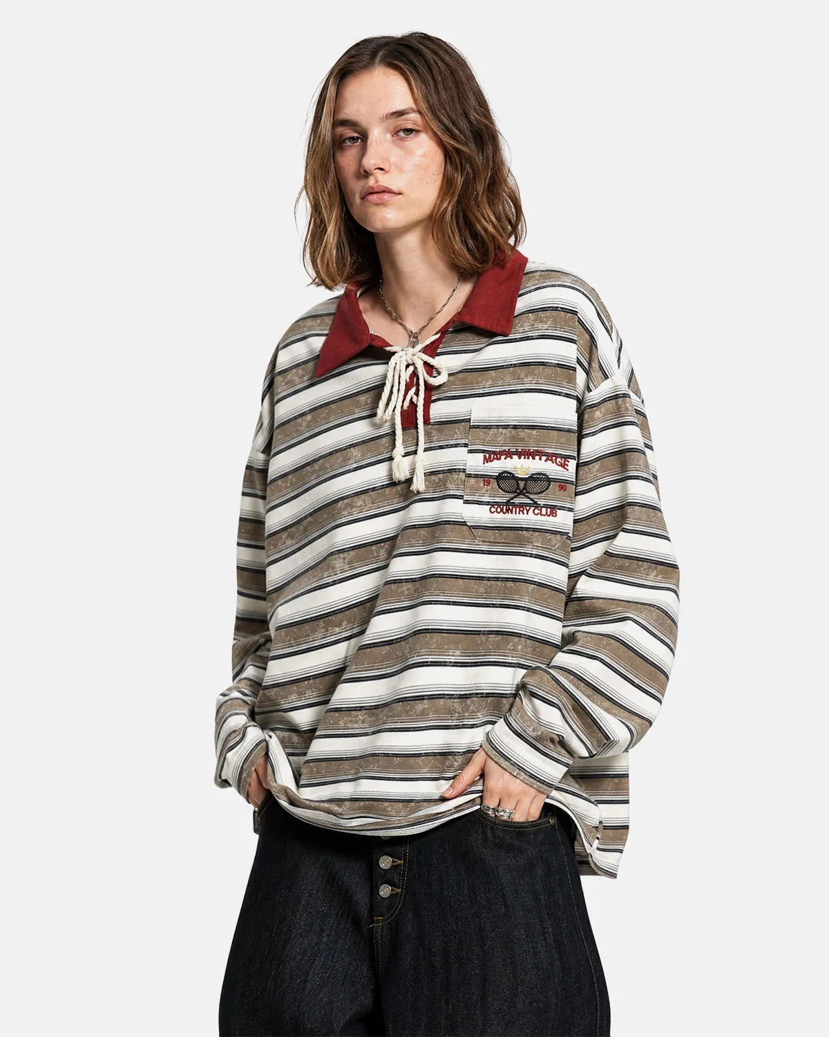 Omygoods Retro Striped Lace-Up Polo Shirt