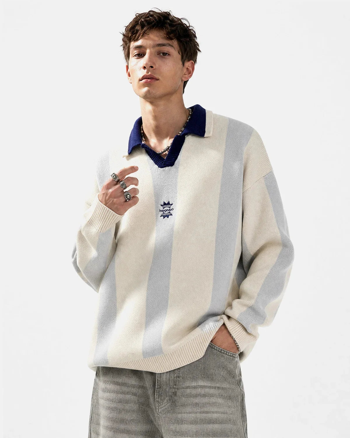 Omygoods Retro Striped Polo Knit Sweater