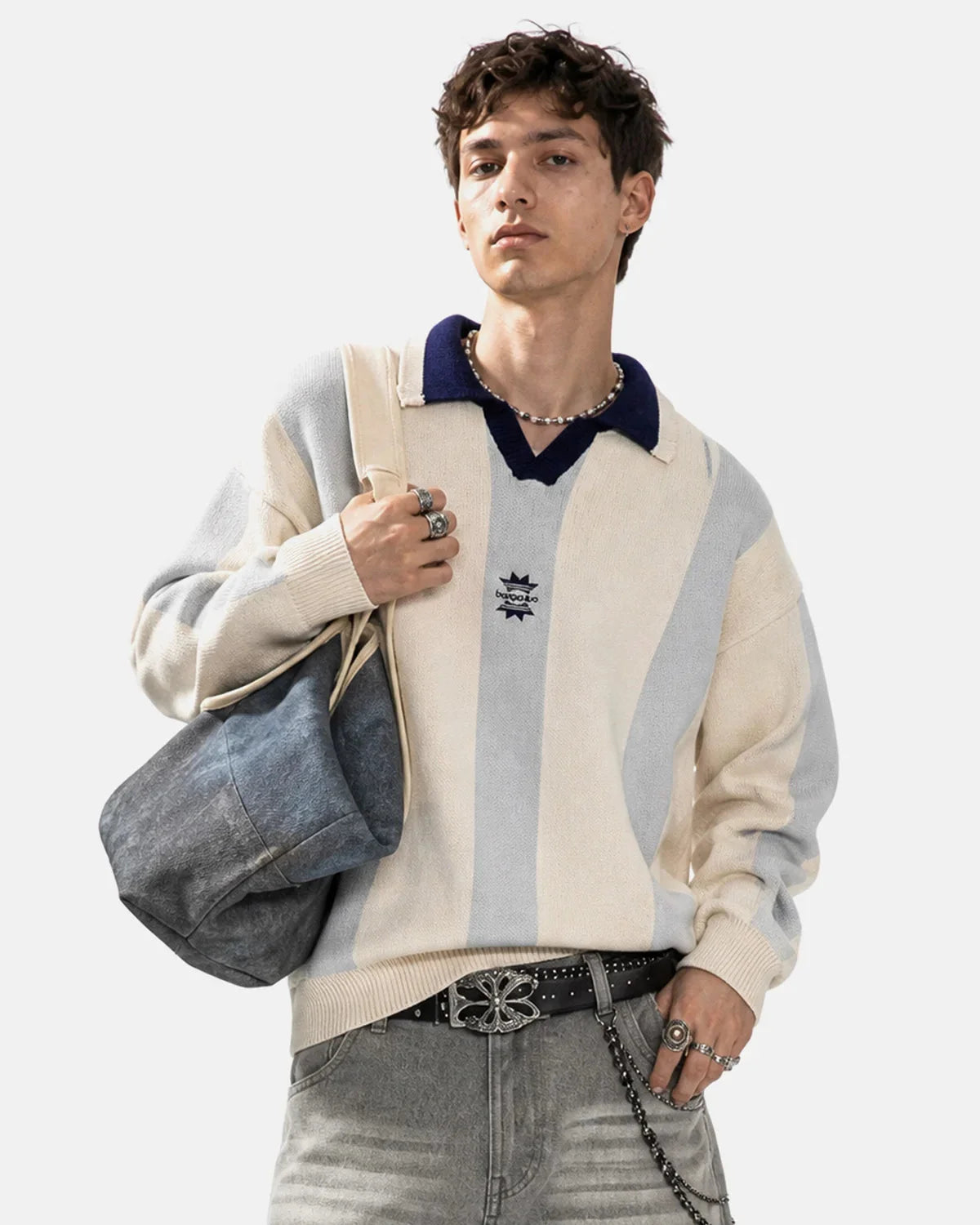 Omygoods Retro Striped Polo Knit Sweater