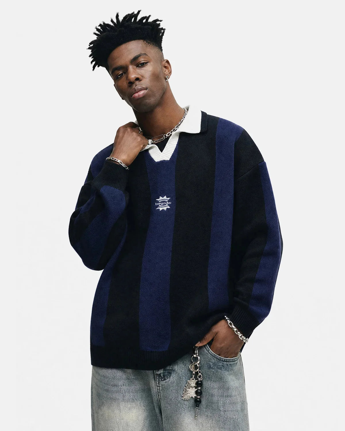 Omygoods Retro Striped Polo Knit Sweater