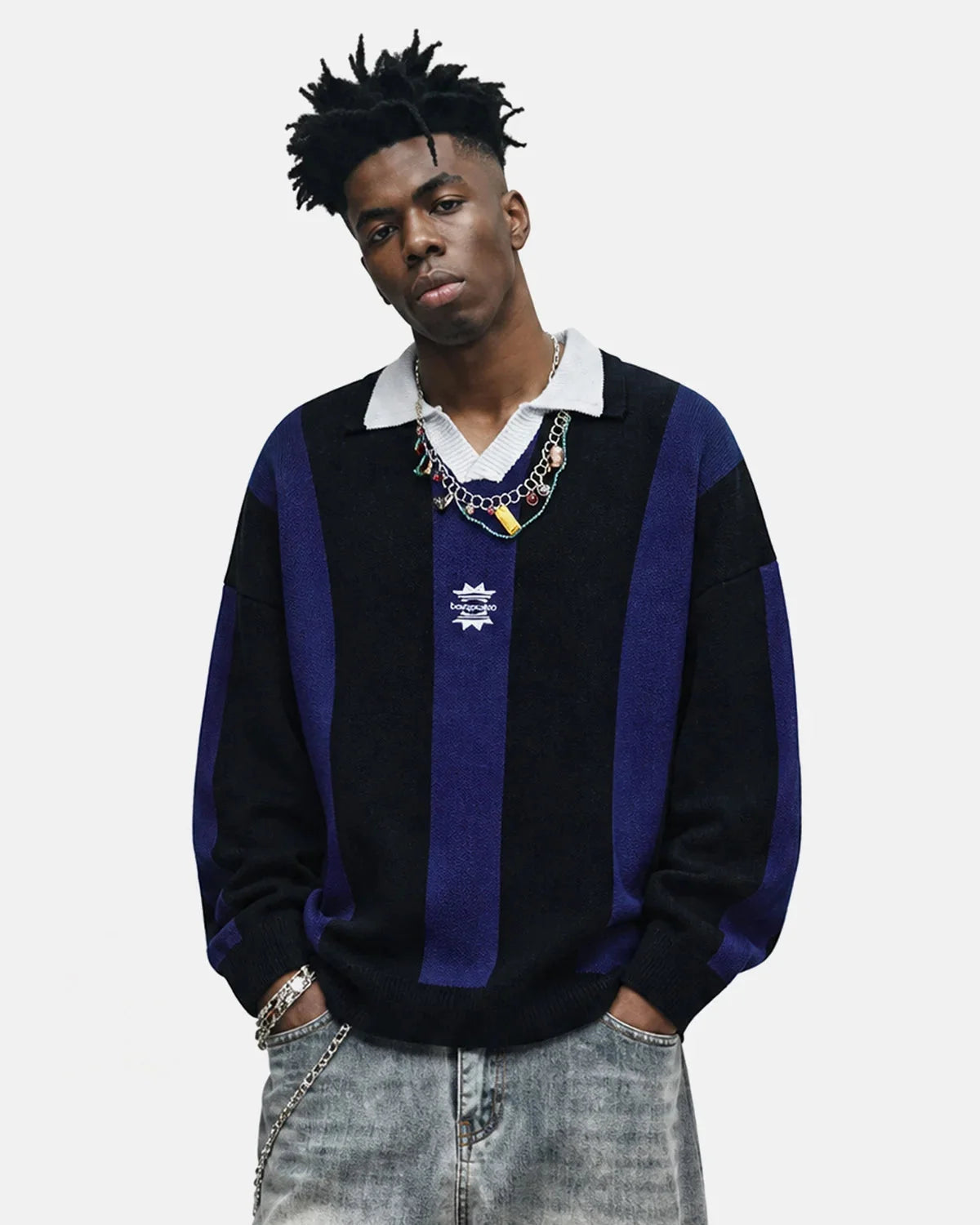 Omygoods Retro Striped Polo Knit Sweater
