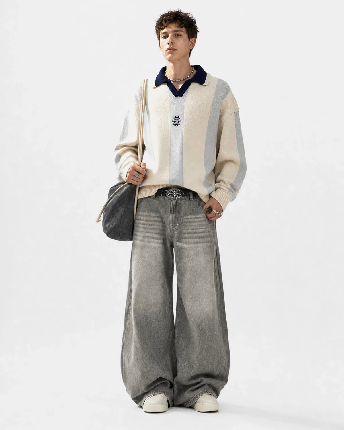 Omygoods Retro Striped Polo Knit Sweater