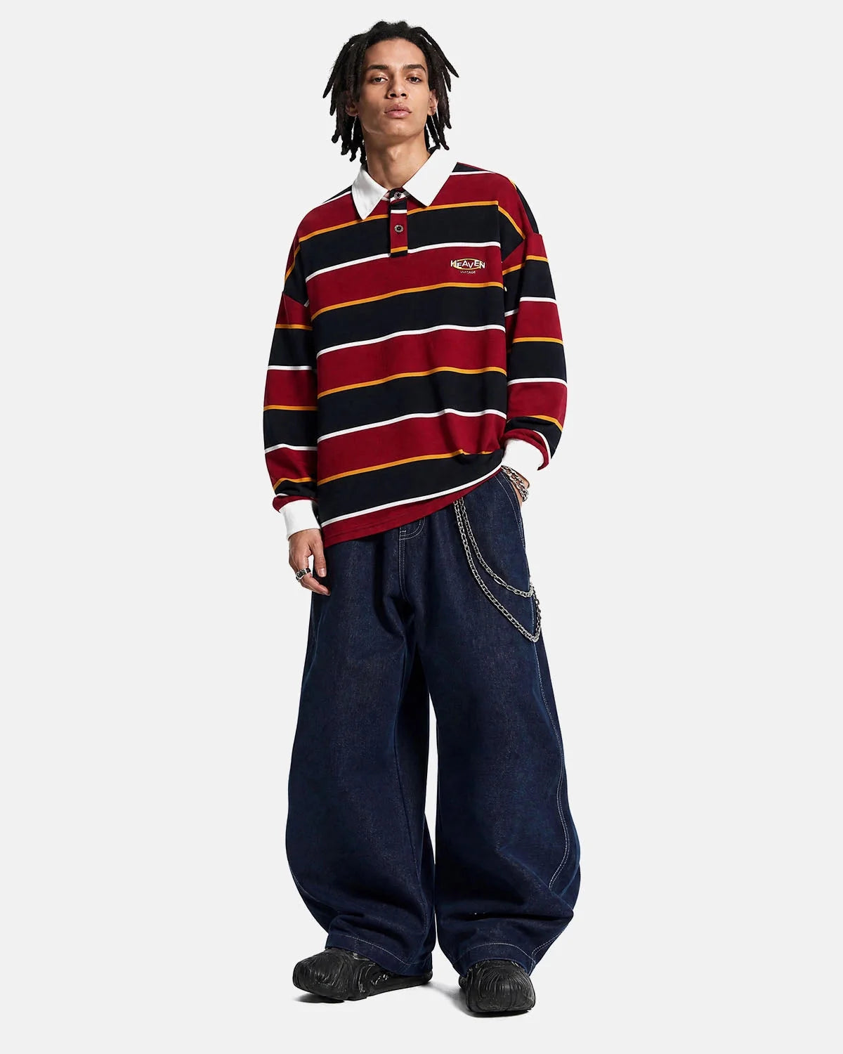 Omygoods Retro Striped Rugby Polo Shirt